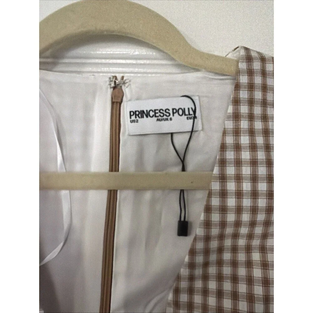 Princess Polly Brown & Cream Gingham Button-Front Mini Romper
